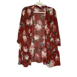 Vision‎ sheer ruffle hemmed sheer floral rust/maroon cardigan kaftan Size M
